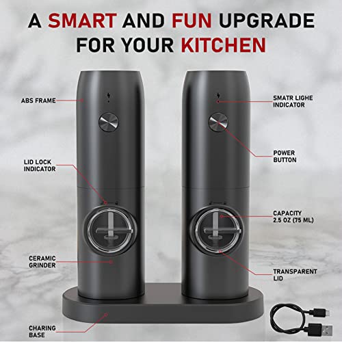 Electric Salt and Pepper Grinder Set of 2,automatic pepper mill,USB rechargeable,Adjustable Coarseness,One-handed operation,ceramic burr,refillable,Auto grinders with charging base LED light