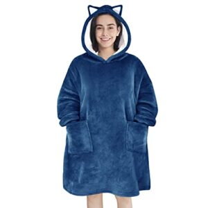 fbsport wearable blanket hoodie, oversized blanket sweatshirt for women men adults teens, super soft warm flannel & sherpa sweatshirt blanket with pocket, blue