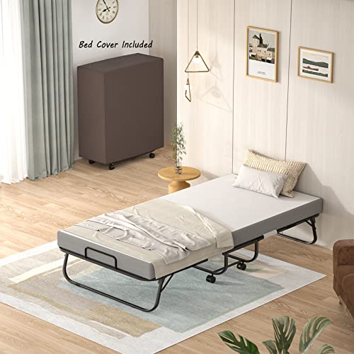 Homieasy Folding Bed with Mattress, Portable Foldable Bed with Storage Cover, Rollaway Bed for Adults with Memory Foam Mattress and Metal Frame, Cot Size Extra Guest Bed on Wheels (75” x 31”)