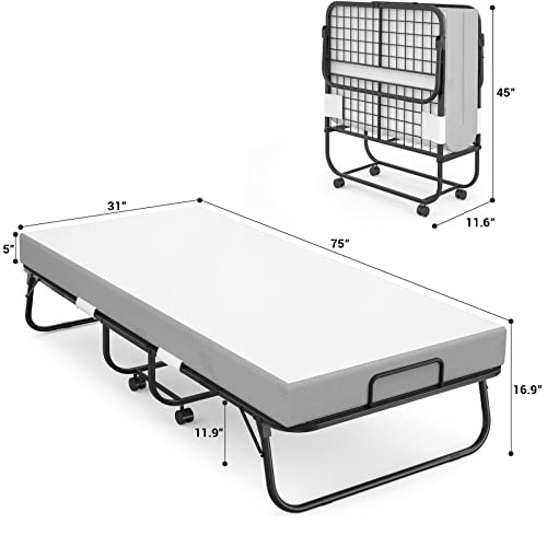 Homieasy Folding Bed with Mattress, Portable Foldable Bed with Storage Cover, Rollaway Bed for Adults with Memory Foam Mattress and Metal Frame, Cot Size Extra Guest Bed on Wheels (75” x 31”)