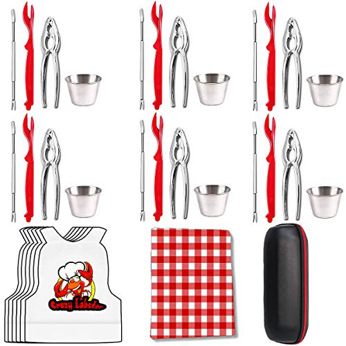 Artcome 32 Pcs Seafood Tools Set Nut Cracker Set includes 6 Crab Crackers, 6 Crab Forks/Picks, 6 Lobster Shellers, 6 Sauce Cups, 6 Lobster Bibs 1 Portable Storage Bag and 1 Plastic Tablecloth