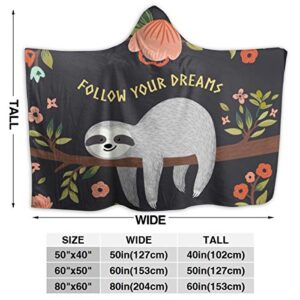 JASMODER Cute Sloth On The Tree Hoodie Blanket Wearable Throw Blankets for Couch Blanket Hooded for Baby Kids Men Women