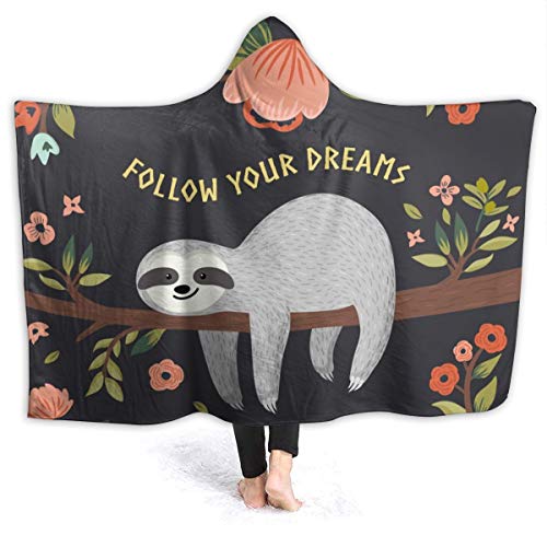 JASMODER Cute Sloth On The Tree Hoodie Blanket Wearable Throw Blankets for Couch Blanket Hooded for Baby Kids Men Women