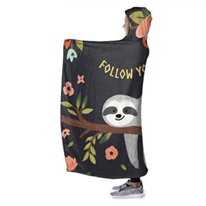 JASMODER Cute Sloth On The Tree Hoodie Blanket Wearable Throw Blankets for Couch Blanket Hooded for Baby Kids Men Women