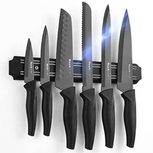 wanbasion 7 piece black sharp knife set for kitchen, stainless steel kitchen knife set, chef knife set with magnetic strip and cover for meat cutting