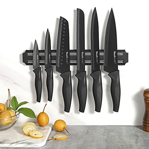 Wanbasion 7 Piece Black Sharp Knife Set for Kitchen, Stainless Steel Kitchen Knife Set, Chef Knife Set with Magnetic Strip and Cover for Meat Cutting