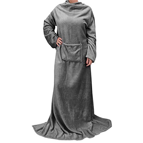 Tirrinia Wearable Blanket with Sleeves and Pocket, Lounging Super Soft Comfy Microplush Adults Wearable Throw Body Robe for Women and Men, 53''X 71'' Grey