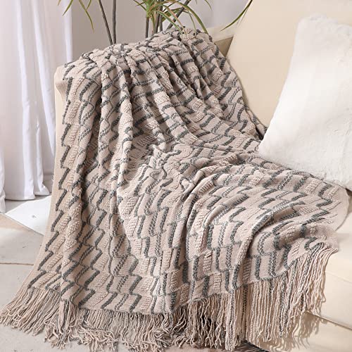 TXDYB 50"x 60" Soft Warm Cozy Khaki Knitted Blanket with Tassels,Boho Deco Throw Blanket for Bed Sofa Room Travel Camping Hotel Decoration,Wave Pattern Blanket for Women and Men