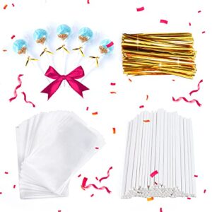 300 pcs 6inch lollipop sticks, cake pop lollipops, chocolates and cookies bag set including 100 parcel bags, 100 papery treat sticks, 100 gold twist ties