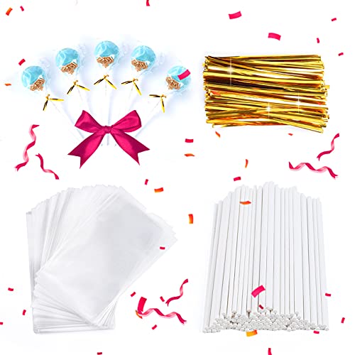 300 Pcs 6inch Lollipop Sticks, Cake Pop Lollipops, Chocolates and Cookies Bag Set Including 100 Parcel Bags, 100 Papery Treat Sticks, 100 Gold Twist Ties