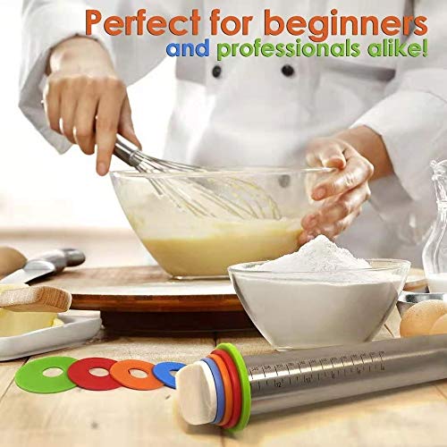 NASNAIOLL Adjustable Rolling Pin with Thickness Rings Measurement Pastry for Baking Cookie Dough Pizza Pastry Pie Pasta, French Style Stainless Steel Roller