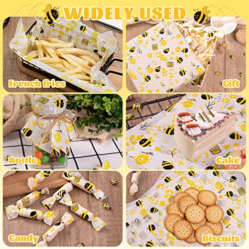 100 Pcs Wax Paper Sheets for Food, Bee Day Wax Paper for Food Sandwich Wrap Paper Deli Wraps, Waterproof Oil-proof Picnic Basket Liners with Bee Pattern for Kitchen Handmade Food