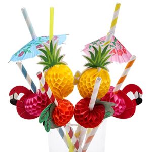 100PCS Flamingo Fruit Paper Straws Coffee & Cocktail Stirrers,Disposable Drinking Straws,Tropical Hawaiian Beach Summer Pool Party Decorations - Assorted Colors