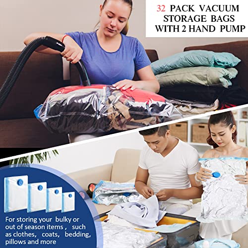 32 Pack Vacuum Storage Bags for Clothes (8 Jumbo+8 Large+8 Medium+8 Small) Space Saving Vacuum Bags with 2 Hand Pump Double Zip Vacuum Seal Storage Bags for Clothes Blanket Comforter Bedding Pillow