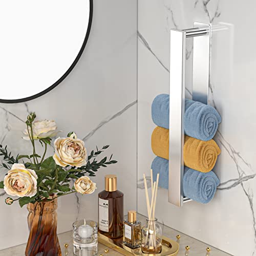 YAYINLI Towel Racks for Bathroom Wall Mounted, Small Bathroom Towel Holder Storage for Rolled Towels, SUS 304 Stainless Steel Adhesive Towel Bar, Silver 15.1 Inch