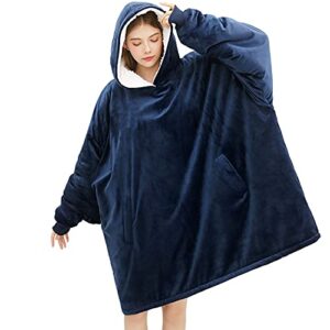 bertte wearable blanket sweatshirt oversized hoodie sherpa blanket sweater birthday gifts, lightweight plush hooded poncho soft warm pullover for woman and men, one size fits all, navy