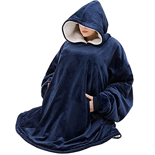 Bertte Wearable Blanket Sweatshirt Oversized Hoodie Sherpa Blanket Sweater Birthday Gifts, Lightweight Plush Hooded Poncho Soft Warm Pullover for Woman and Men, One Size Fits All, Navy