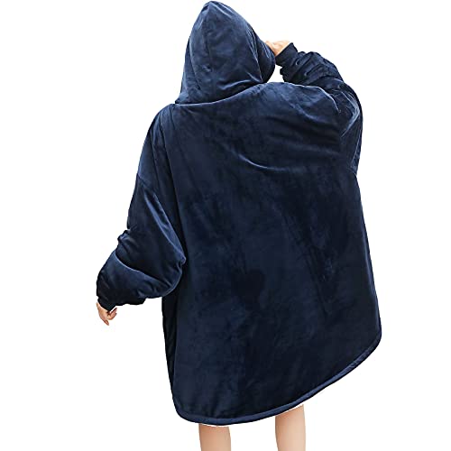 Bertte Wearable Blanket Sweatshirt Oversized Hoodie Sherpa Blanket Sweater Birthday Gifts, Lightweight Plush Hooded Poncho Soft Warm Pullover for Woman and Men, One Size Fits All, Navy