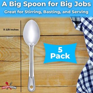 Super Strong, Ergonomic 11 in Serving Spoon 5 Pk. Big, Solid Stainless Steel Spoons for Cooking, Baking and Basting. Best Kitchen Flatware for Buffet and Banquet Service in Restaurants and Homes