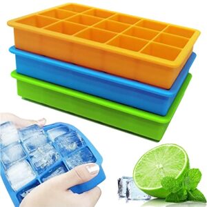 ice cube tray 3 pack silicone ice tray easy-release flexible 15 ice cube molds, stackable ice trays for freezer, ice cube size 1.2 in for cocktai, whiskey, juice, baby food, bpa free
