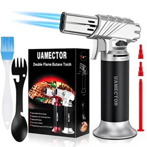 uamector butane torch, upgraded refillable kitchen torch lighter with adjustable dual strong flame & safety lock, blow food torch for bbq, baking, brulee, creme, silver-sets (butane gas not included)
