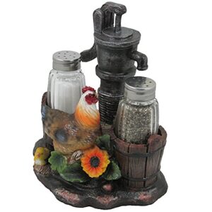 Farm Chicken and Old Fashioned Water Pump Glass Salt and Pepper Shaker Set with Holder Figurine in Country Kitchen Rooster Decor, Sculptures and Statues and Rustic Gifts for Farmers