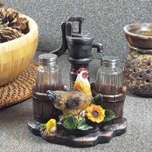 Farm Chicken and Old Fashioned Water Pump Glass Salt and Pepper Shaker Set with Holder Figurine in Country Kitchen Rooster Decor, Sculptures and Statues and Rustic Gifts for Farmers