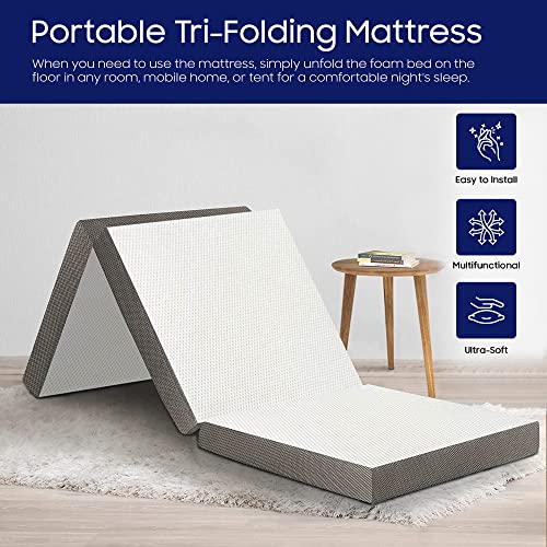 Mayton 3-Inch Portable Tri Folding Gel Memory Foam Mattress | Breathable Mesh Sides with Ultra Soft, Removable and Washable Cover, Comfortable Support Cot Pad, Standard Size, 31-Inch, White