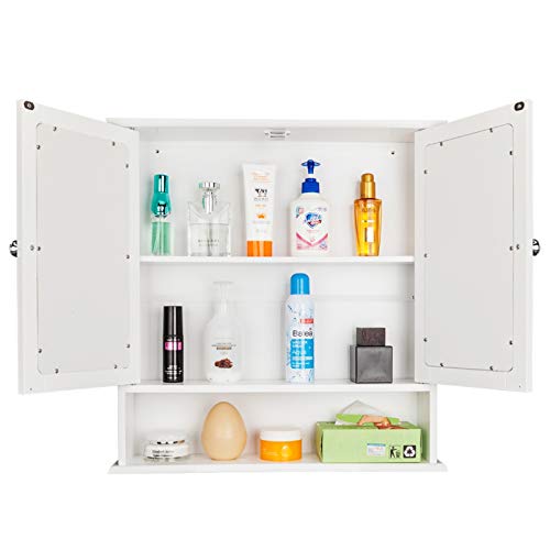 Wall Mount Medicine Cabinets, Multipurpose Kitchen Medicine Storage Organizer with Double Mirror Doors and Adjustable Shelf, White