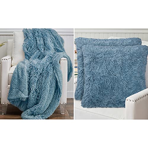 The Connecticut Home Company Shag Throw Blanket and Throw Pillow Case Set of 2, Both in Slate Blue, Sherpa Reversible Blanket is Size 65x50 and Pillow Cases are Size 16x16, 2 Item Bundle