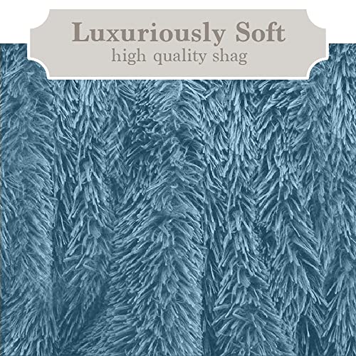 The Connecticut Home Company Shag Throw Blanket and Throw Pillow Case Set of 2, Both in Slate Blue, Sherpa Reversible Blanket is Size 65x50 and Pillow Cases are Size 16x16, 2 Item Bundle