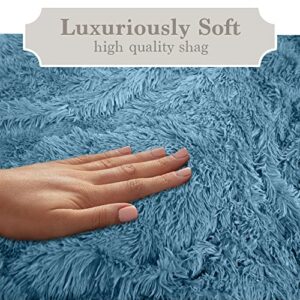 The Connecticut Home Company Shag Throw Blanket and Throw Pillow Case Set of 2, Both in Slate Blue, Sherpa Reversible Blanket is Size 65x50 and Pillow Cases are Size 16x16, 2 Item Bundle