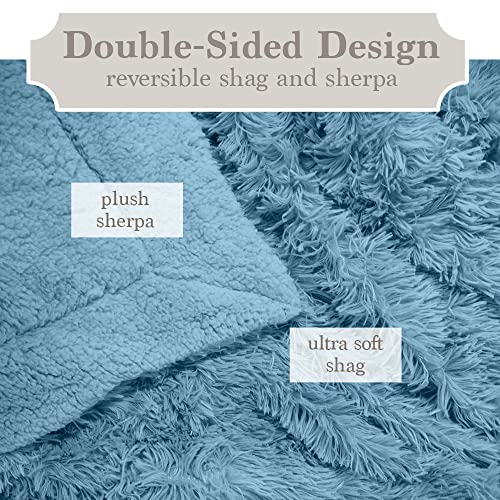 The Connecticut Home Company Shag Throw Blanket and Throw Pillow Case Set of 2, Both in Slate Blue, Sherpa Reversible Blanket is Size 65x50 and Pillow Cases are Size 16x16, 2 Item Bundle