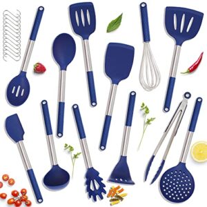 kaiihome silicone kitchen utensils set - 12 pieces cooking utensils non-stick heat resistance silicon with stainless steel handle - blue