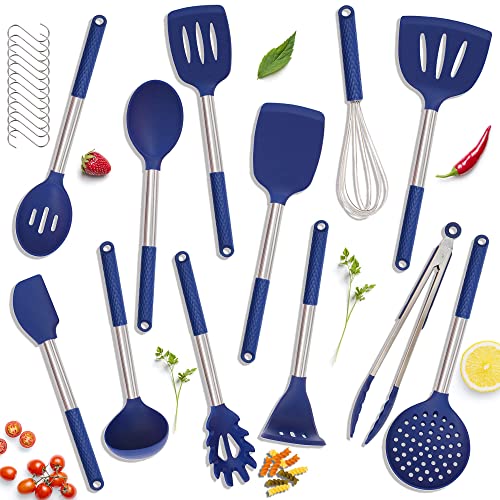 Kaiihome Silicone Kitchen Utensils Set - 12 Pieces Cooking Utensils Non-Stick Heat Resistance Silicon with Stainless Steel Handle - Blue