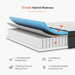 Sweetnight Queen Mattress, 12 Inch Pillow Top Queen Size Mattress in a Box, Bamboo and Gel Memory Foam Hybrid Mattress, Individually Wrapped Spring for Motion Isolation & Support, Siesta