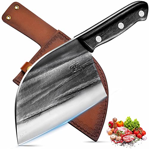 ENOKING HandForged Meat Cleaver Knife Heavy Duty, 6.7 inches Full Tang Sharp Serbian Chef Knife, High Carbon Steel Cutting Knife with Leather Sheath for Kitchen Camping BBQ