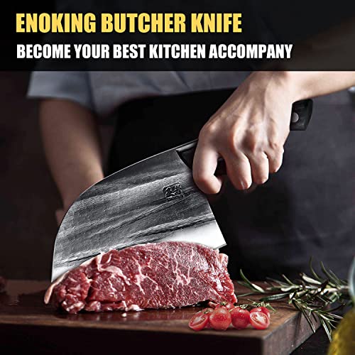 ENOKING HandForged Meat Cleaver Knife Heavy Duty, 6.7 inches Full Tang Sharp Serbian Chef Knife, High Carbon Steel Cutting Knife with Leather Sheath for Kitchen Camping BBQ