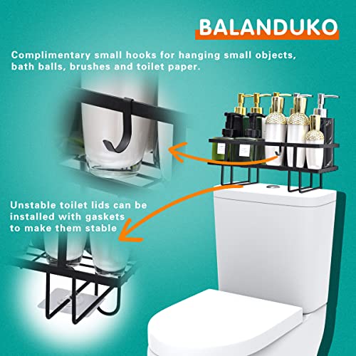 BALANDUKO Bathroom Organizer Over The Toilet Storage Shelf, Iron Restroom Organizers with Hanging Hook & Adhesive Base, No Drilling Space Saver with Wall Mounting Design (Black)