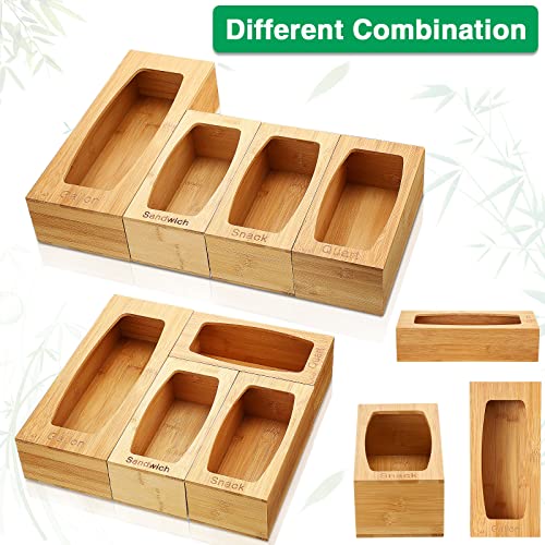 Food Storage Bag Organizer Holders Bamboo Kitchen Drawer Bag Storage 4 Pieces Separate Bag Storage Dispenser Bag Storage Box Suitable for Gallon, Sandwich, Quart, Candy and Snack Variety Size Bag