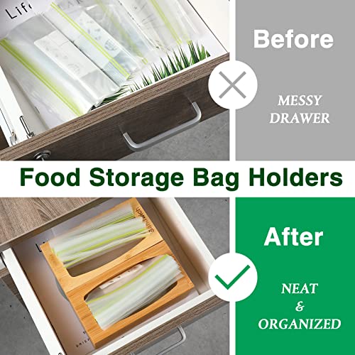 Food Storage Bag Organizer Holders Bamboo Kitchen Drawer Bag Storage 4 Pieces Separate Bag Storage Dispenser Bag Storage Box Suitable for Gallon, Sandwich, Quart, Candy and Snack Variety Size Bag