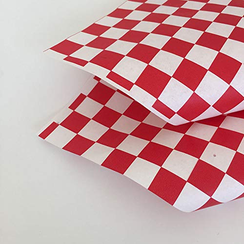 Hslife 100 Sheets Red and White Checkered Dry Waxed Deli Paper Sheets, Paper Liners for Plastic Food Basket, Wrapping Bread and Sandwiches