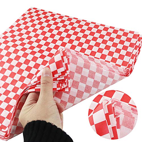 Hslife 100 Sheets Red and White Checkered Dry Waxed Deli Paper Sheets, Paper Liners for Plastic Food Basket, Wrapping Bread and Sandwiches