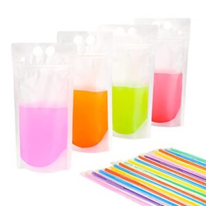 50 pcs stand-up plastic drink pouches bags with 50 drink straws, heavy duty hand-held translucent reclosable ice drink pouches bag, non-toxic, for smoothie, cold & hot drinks
