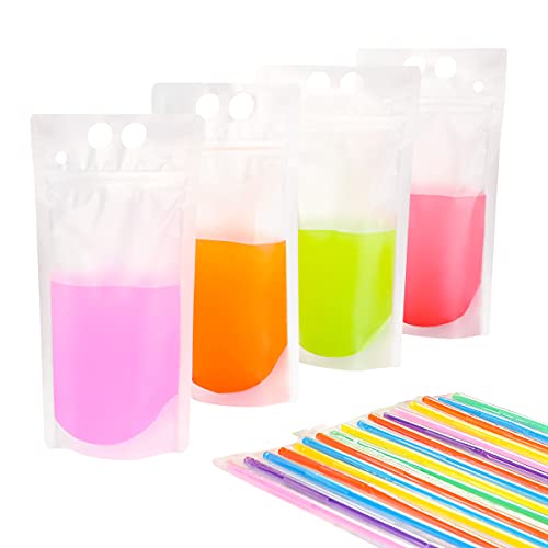 50 PCS Stand-Up Plastic Drink Pouches Bags with 50 Drink Straws, Heavy Duty Hand-Held Translucent Reclosable Ice Drink Pouches Bag, Non-Toxic, for Smoothie, Cold & Hot Drinks