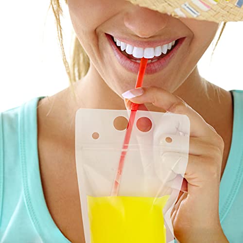 50 PCS Stand-Up Plastic Drink Pouches Bags with 50 Drink Straws, Heavy Duty Hand-Held Translucent Reclosable Ice Drink Pouches Bag, Non-Toxic, for Smoothie, Cold & Hot Drinks
