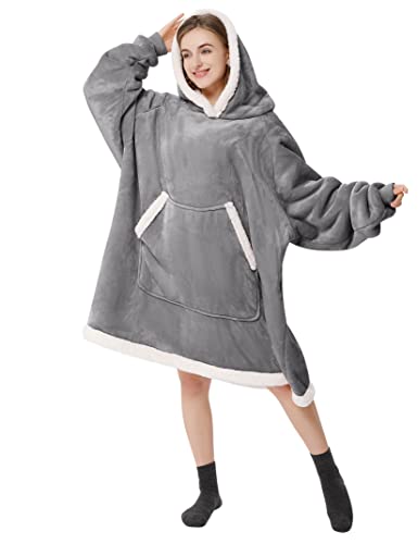 Wearable Blanket Hoodie Oversized Sweatshirt Blanket for Adults Women Men Fleece Sherpa Blanket Jacket with Sleeve Big Pocket