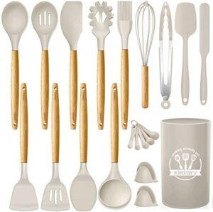 kinfayv silicone cooking utensils kitchen utensil set, 21 pcs wooden handle nontoxic bpa free silicone spoon spatula turner tongs kitchen gadgets utensil set for nonstick cookware with holder (khaki)