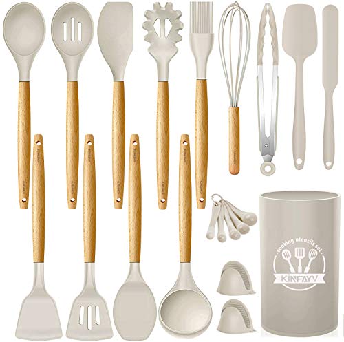 Kinfayv Silicone Cooking Utensils Kitchen Utensil Set, 21 PCS Wooden Handle Nontoxic BPA Free Silicone Spoon Spatula Turner Tongs Kitchen Gadgets Utensil Set for Nonstick Cookware with Holder (Khaki)
