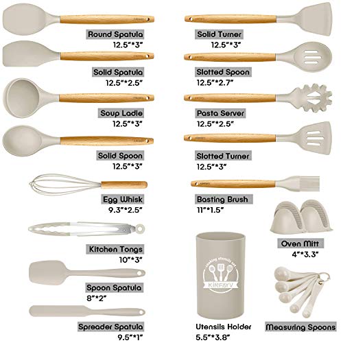 Kinfayv Silicone Cooking Utensils Kitchen Utensil Set, 21 PCS Wooden Handle Nontoxic BPA Free Silicone Spoon Spatula Turner Tongs Kitchen Gadgets Utensil Set for Nonstick Cookware with Holder (Khaki)